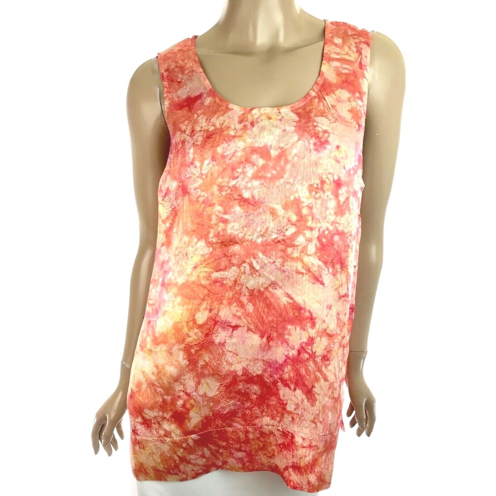 Edun Top Blouse Sleeveless Pink & Yellow Size 10 Scoop Neck 100% Silk Organza